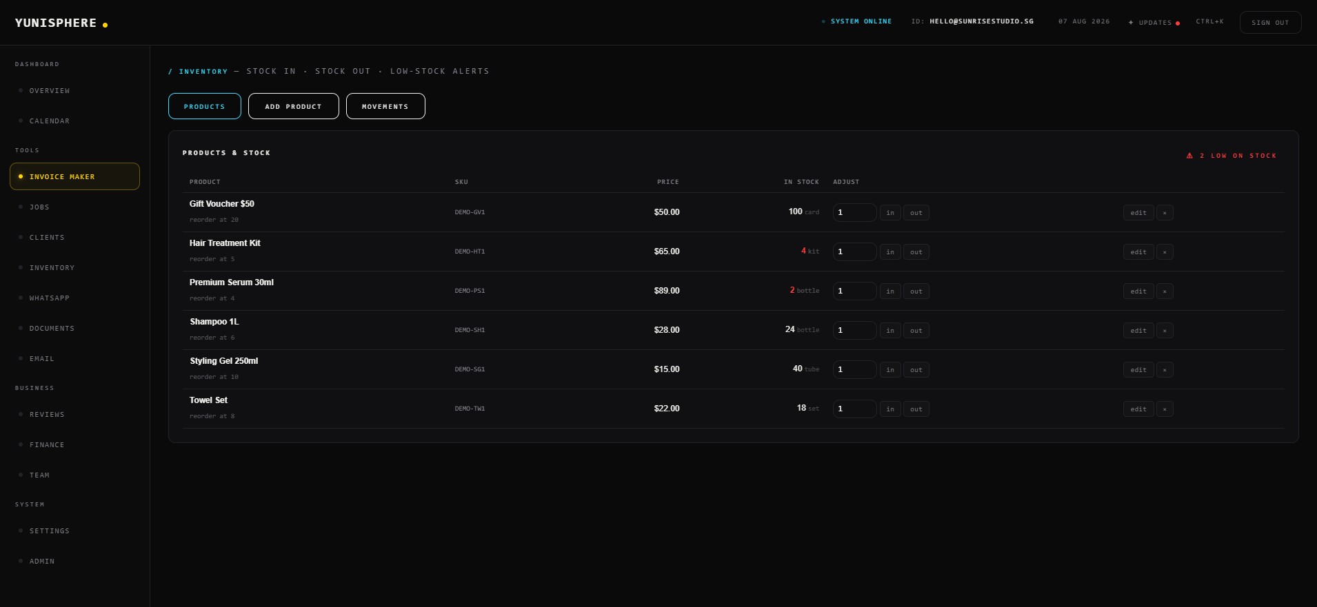 Inventory with low-stock alerts