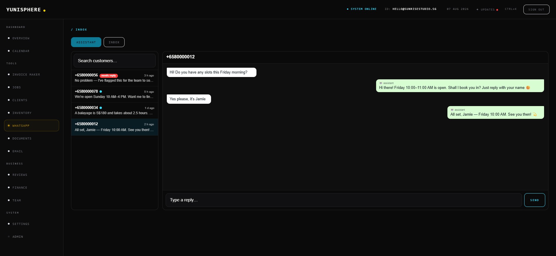WhatsApp assistant and inbox inside Yunisphere